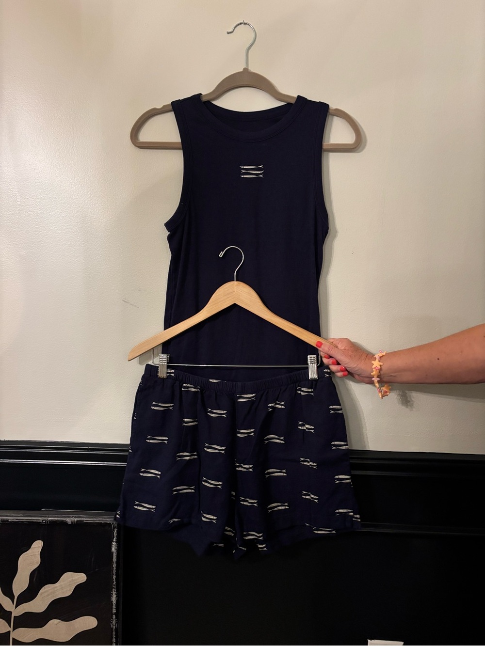 a new day fish set - Navy Ribbed Tank Top with drawstring shorts - M